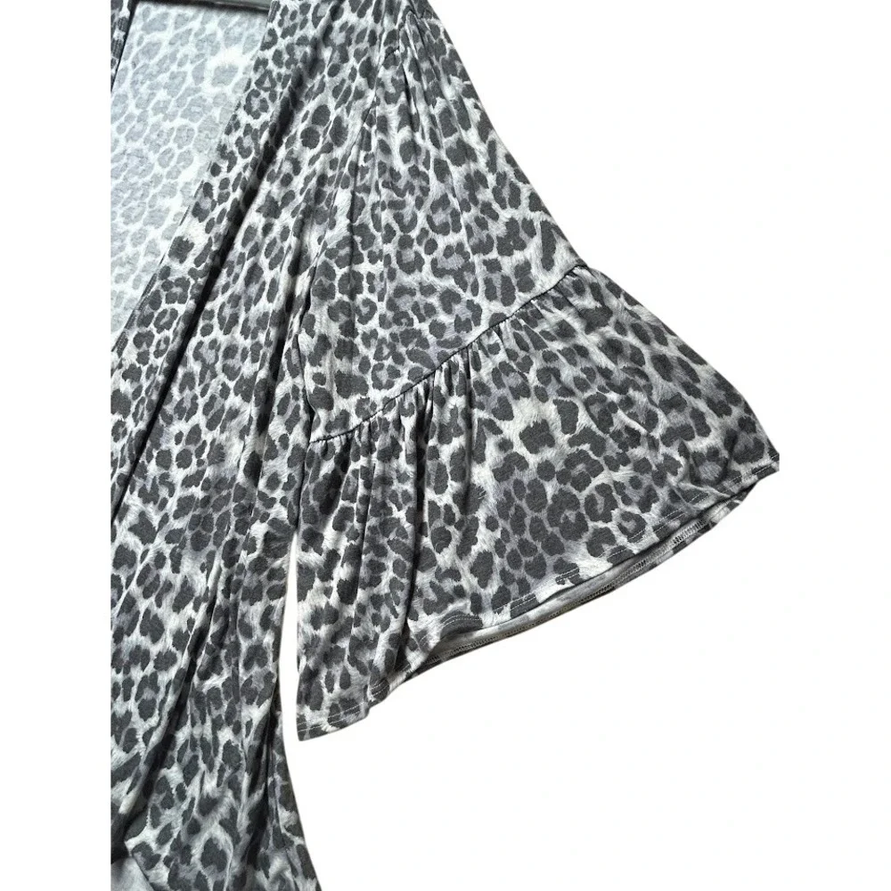 Grey Leopard Print Open Front Cardigan Ruffle Bell Sleeve Plus Size 3XL
